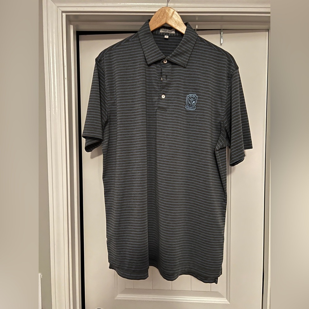 EUC Peter Millar Summer Comfort Polo size Large - grey base w/ blue stripe